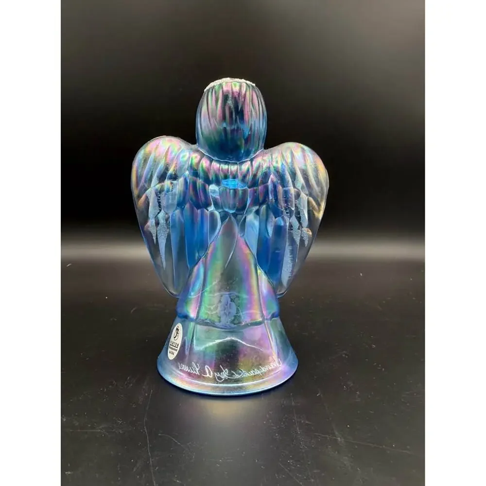 Fenton Hand Painted Blue Iridescent Angel Figurine Signed Artist USA Glass